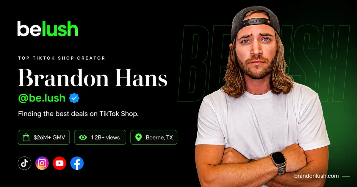 Cartão de apresentação de Brandon Hans (@be.lush): US$ 26M+ em vendas, 1,2 bilhão de views — do site oficial brandonlush.com