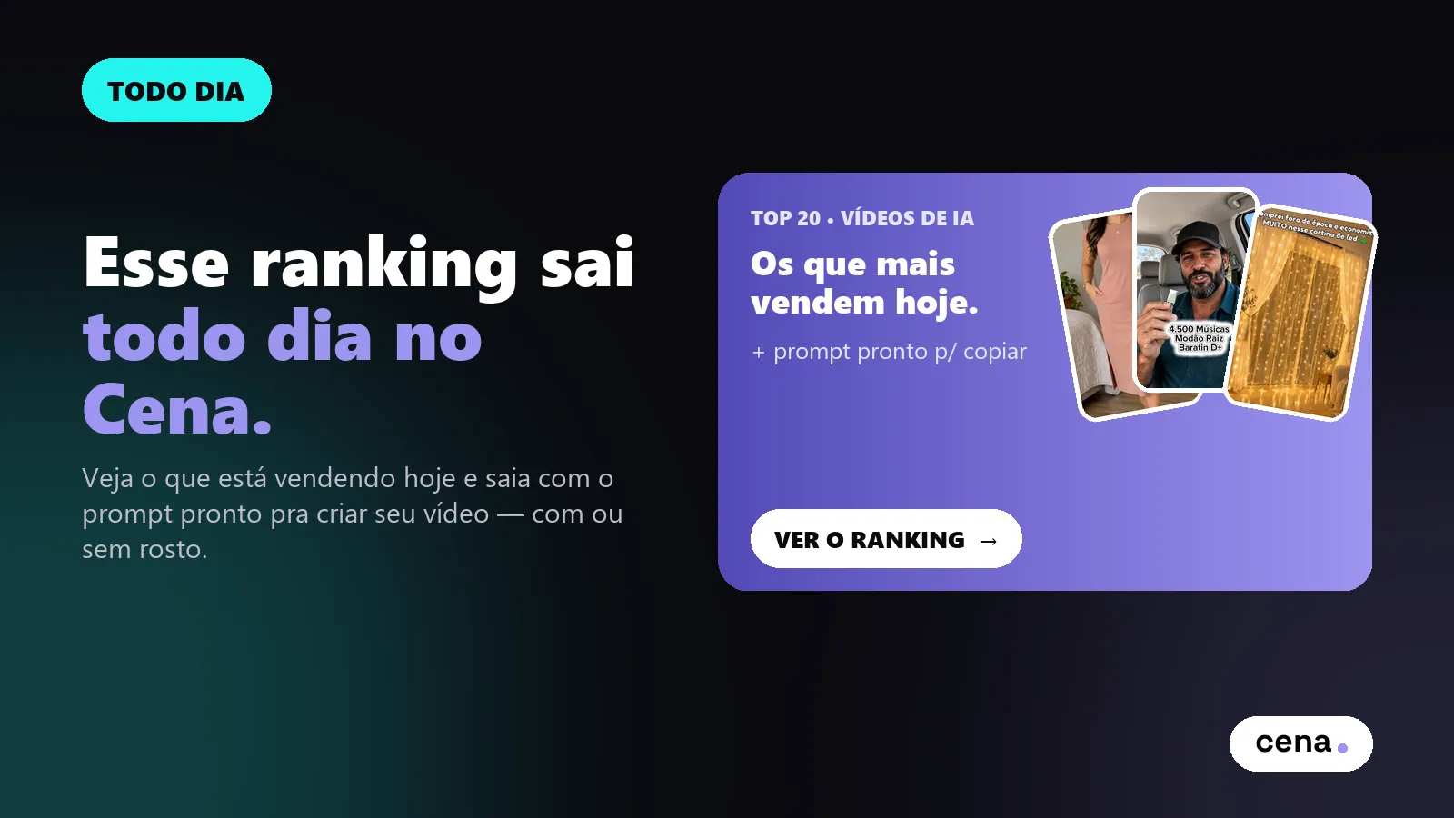 Ranking diário dos vídeos de IA que mais vendem no TikTok Shop — atualizado todo dia no Cena com prompts prontos